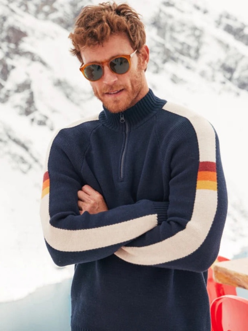 Marine Layer Archive Armas Mens Navy Striped Quarter Zip Wool Blend Sweater L - Picture 3 of 10